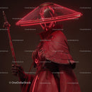 Futuristic Samurai in Neon Red Armor Holding Umbrella