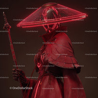 Futuristic Samurai in Neon Red Armor Holding Umbrella