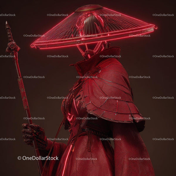 Futurystyczny Samuraj w Neonowej Czerwonej Zbroi Trzymający Parasol (39 Zdjęć)