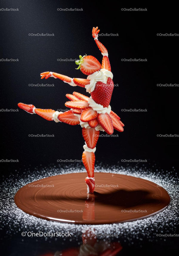 Strawberry ballerina dancing on liquid chocolate