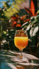Orange Juice in a Glass with Green and Red Tropical Foliage