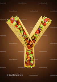 Taco arrangement in Y letter shape on brown background