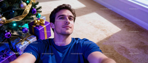Young man relaxing near decorated Christmas tree with gifts