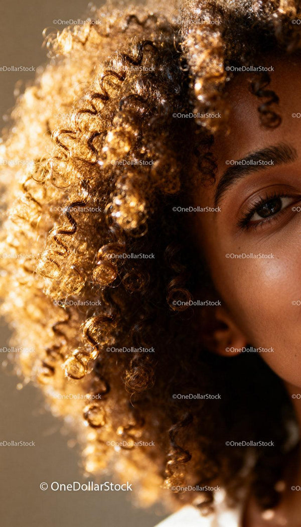 Close up of natural curly hair highlighted by warm light
