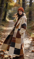 Woman in warm checkered coat and brown beanie in autumn forest