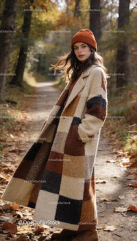 Woman in warm checkered coat and brown beanie in autumn forest