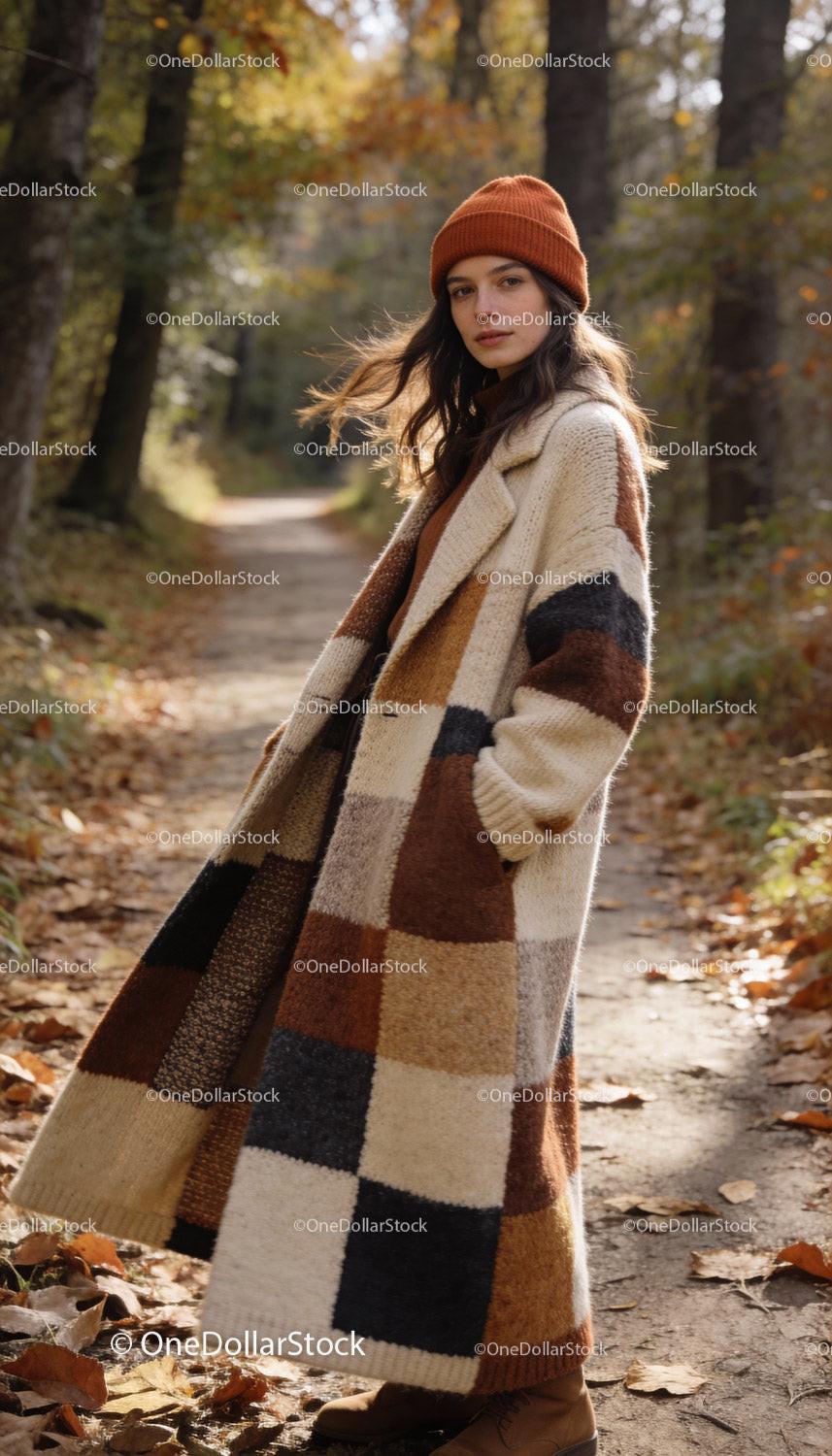 Woman in warm checkered coat and brown beanie in autumn forest