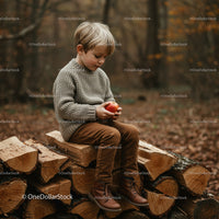 Young boy sitting on firewood stack holding an apple