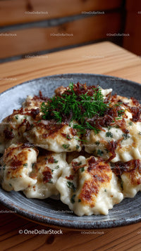 Delicious Fried Potstickers with Soy-Glazed Onion Garnish in a Rustic Bowl