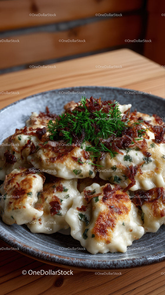 Delicious Fried Potstickers with Soy-Glazed Onion Garnish in a Rustic Bowl