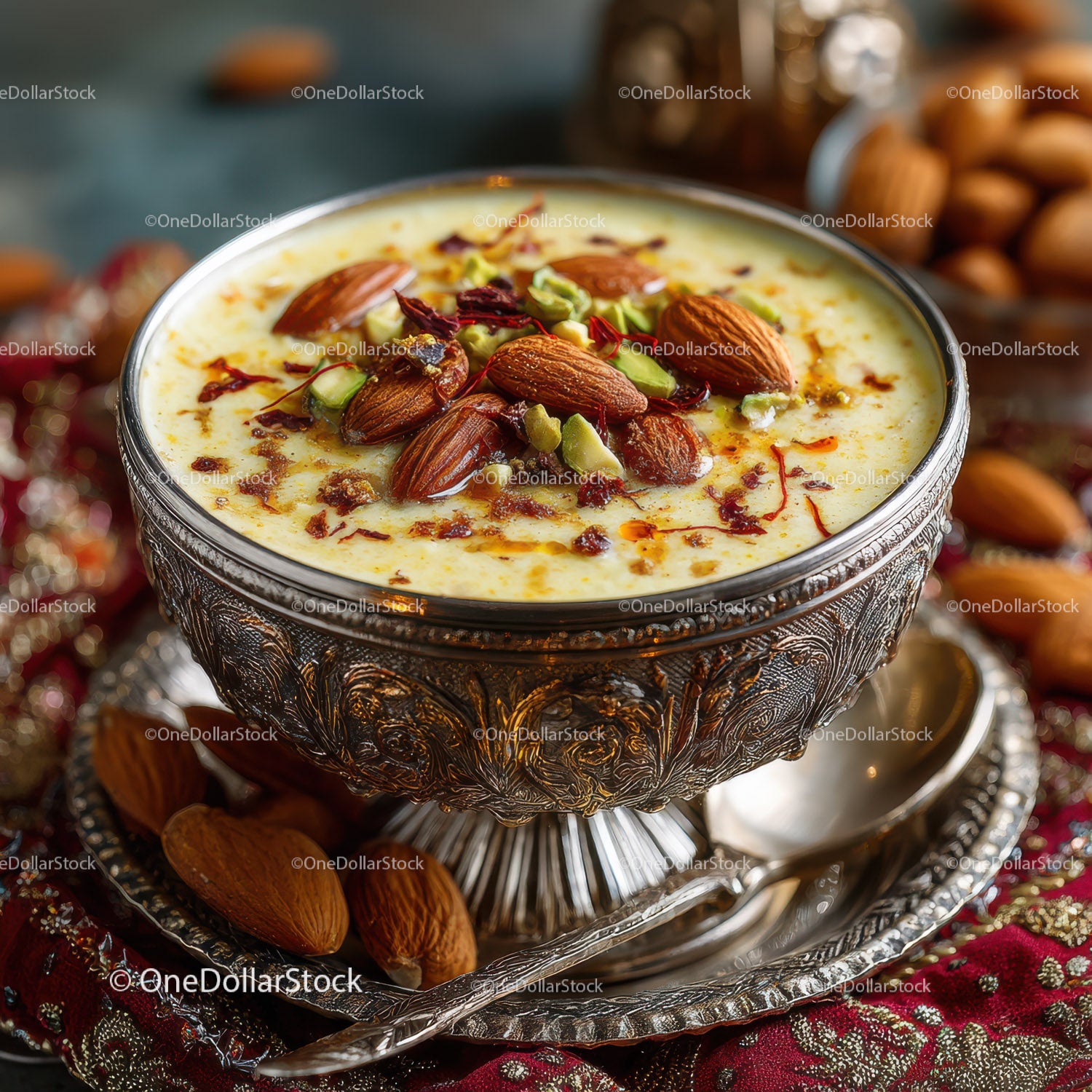 Rich Saffron and Nut Yogurt Dessert in Decorative Silver Bowl