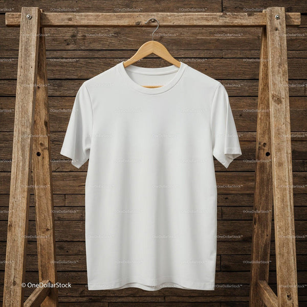 Plain white t-shirt hanging on rustic wooden rack JPG Mockup Image