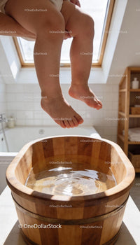 Child’s feet above wooden basin filled with water
