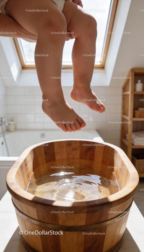 Child’s feet above wooden basin filled with water