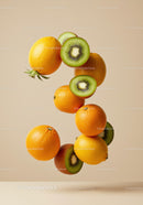 Fresh citrus and kiwi fruits floating on beige background