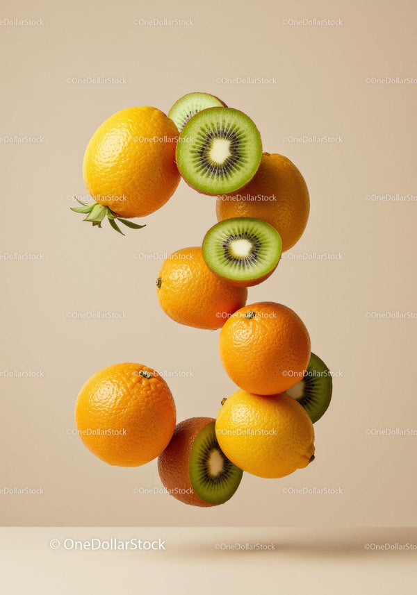 Fresh citrus and kiwi fruits floating on beige background