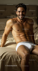 Smiling young man relaxing on bed in white underwear