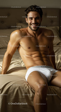 Smiling young man relaxing on bed in white underwear