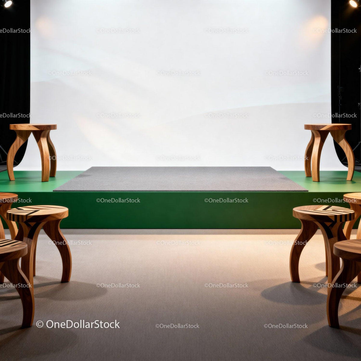 Empty Modern Stage with Unique Wooden Stools