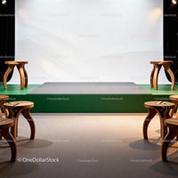 Empty Modern Stage with Unique Wooden Stools