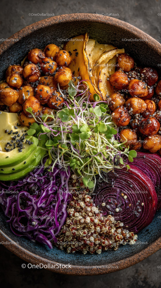 Colorful Plant-Based Bowl with Roasted Chickpeas and Vegetables