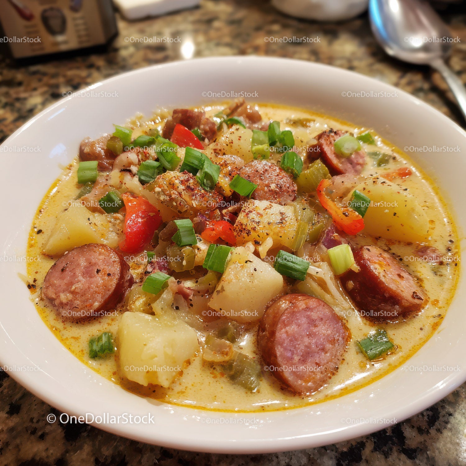 Hearty Sausage and Potato Stew with Bell Peppers and Green Onions