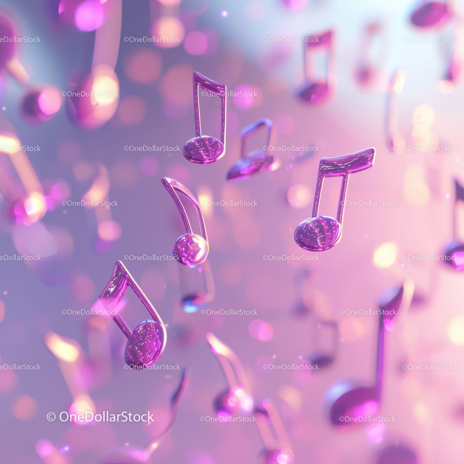 Shiny Musical Notes Floating in Vibrant Pink and Purple Environment