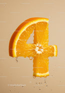 Fresh orange slice shaped as number four dripping juice