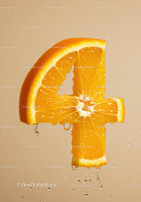 Fresh orange slice shaped as number four dripping juice