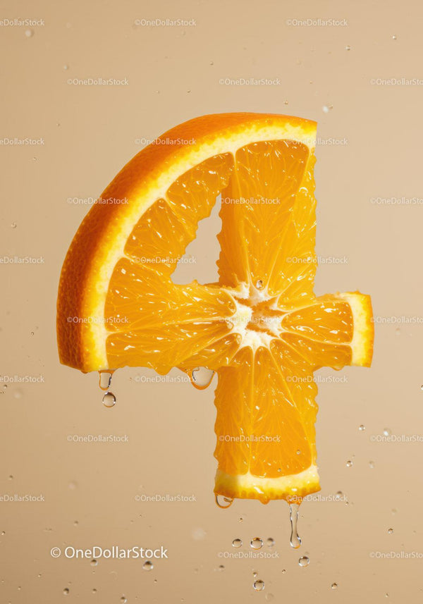Fresh orange slice shaped as number four dripping juice
