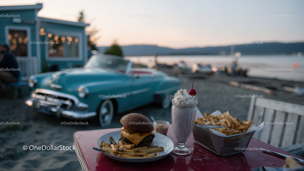Seaside Vintage Car Dinner Scene with Burger Milkshake and Fries