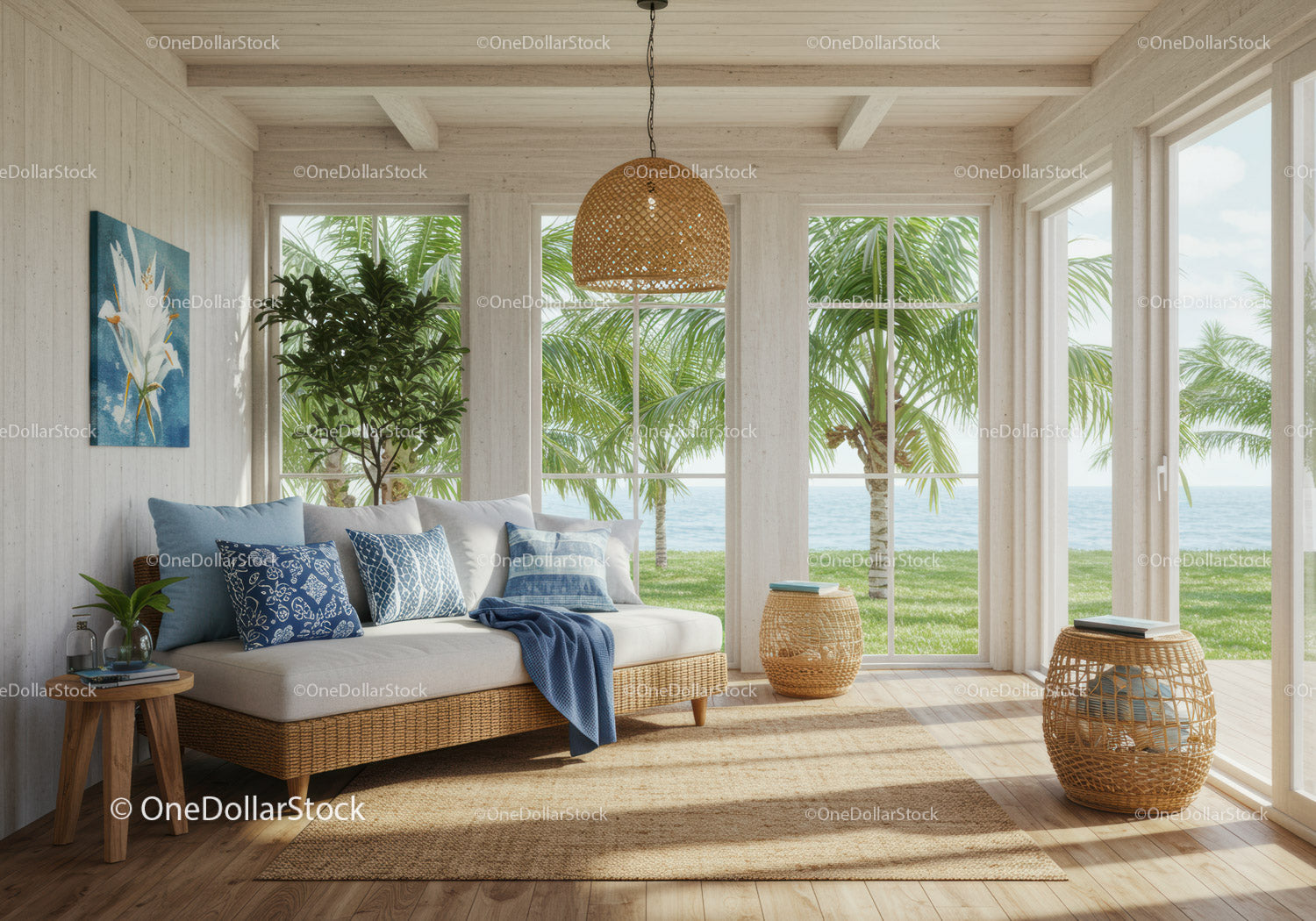 Przytulny salon z widokiem na plażę, naturalnym światłem i zielenią