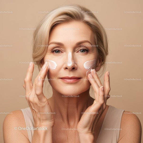 Beautiful Mature Woman Applying Facial Cream for Skincare Routine
