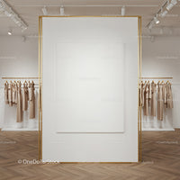 Minimalist boutique interior with neutral clothing display