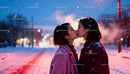 Couple sharing a tender kiss on snowy winter evening