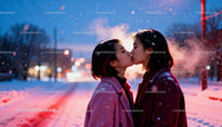 Couple sharing a tender kiss on snowy winter evening