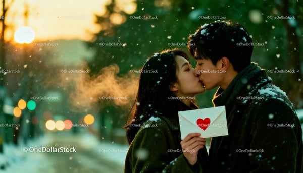 Couple sharing a tender winter kiss with love letter