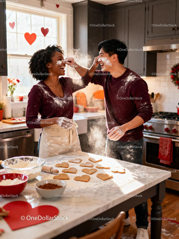 Couple Playfully Baking Heart Shaped Cookies Together