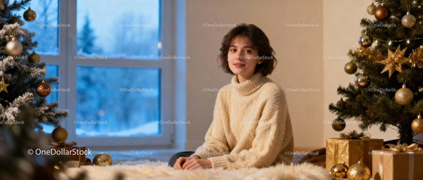 Young woman relaxing near decorated Christmas tree indoors