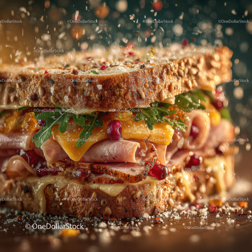 Gourmet Sandwich with Turkey, Cheese, Arugula and Pomegranate Seeds