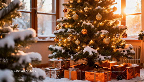 Cozy Christmas tree with gifts and snow inside warm home