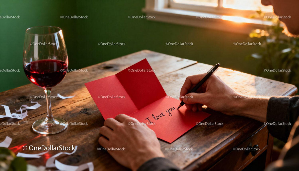 Man writing heartfelt message on valentines card