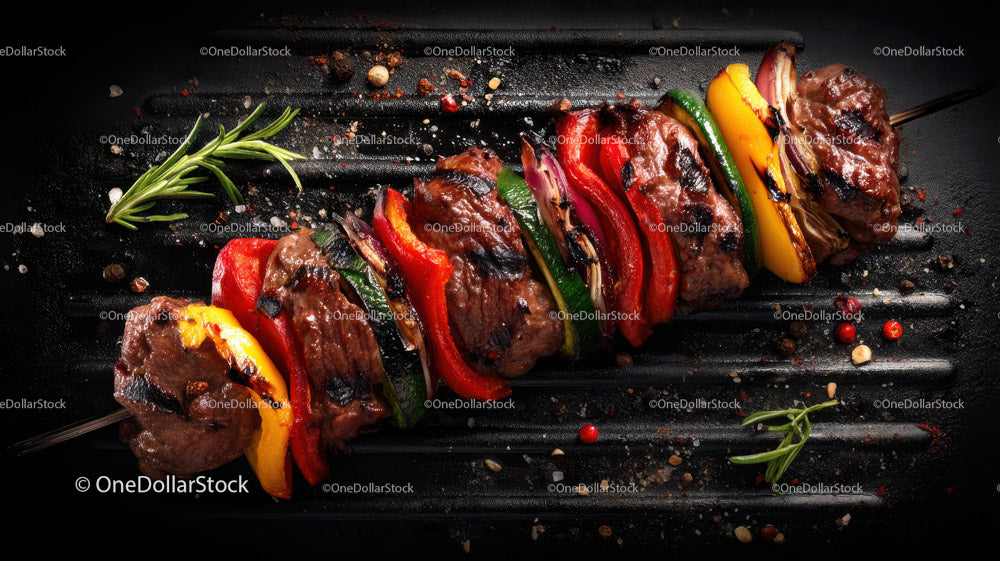 Colorful Grilled Meat and Vegetable Skewers on Barbecue Grill