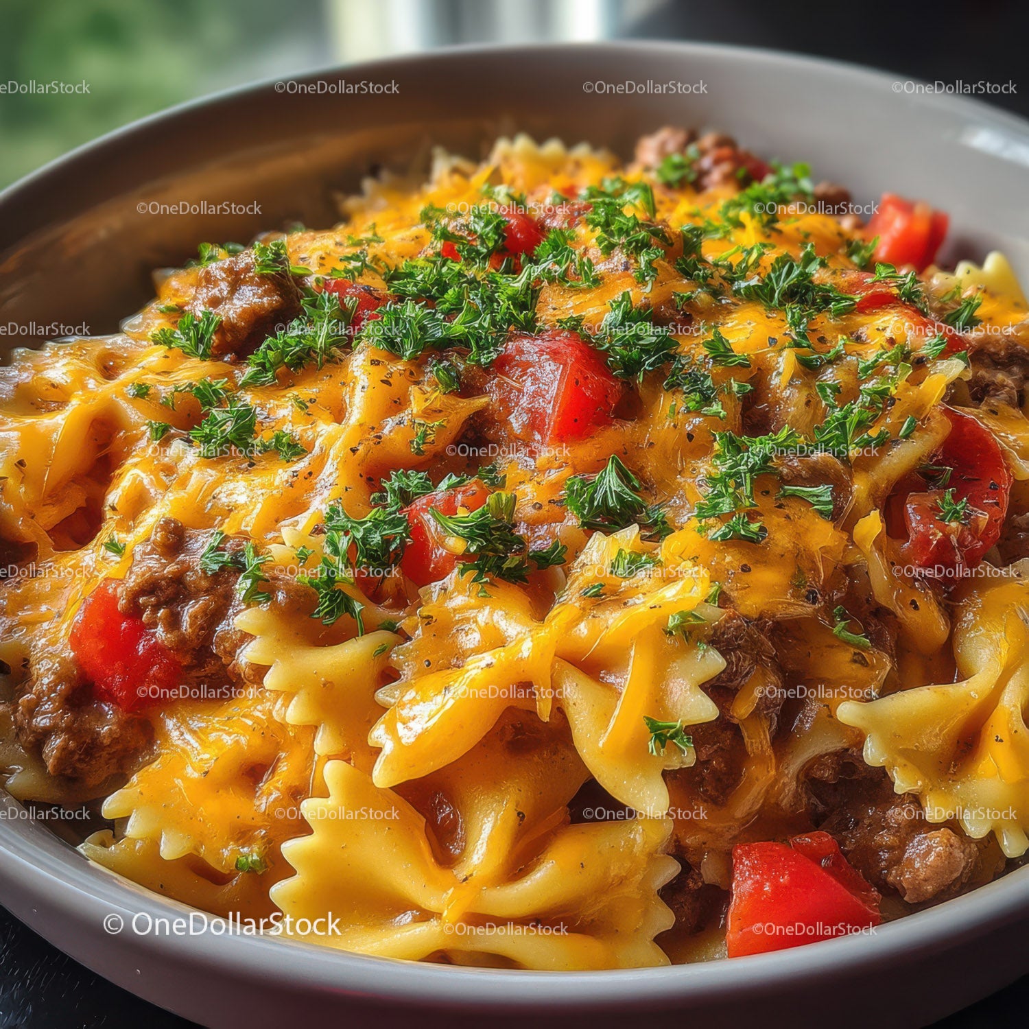 Bowtie Pasta with Ground Beef and Tomato Sauce Garnished with Parsley