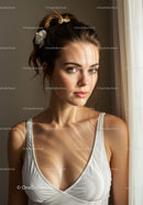 Elegant Portrait of a Young Woman with Bright Sunlight and Clear Blue Eyes