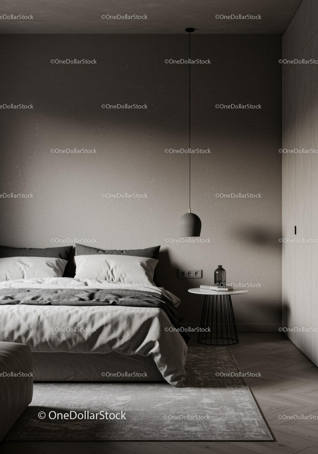 Nowoczesna minimalistyczna sypialnia z wygodnym łóżkiem i elegancką szafką nocną