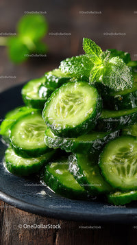 Fresh Cucumber Slices on Black Plate with Mint Garnish