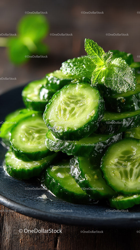 Fresh Cucumber Slices on Black Plate with Mint Garnish