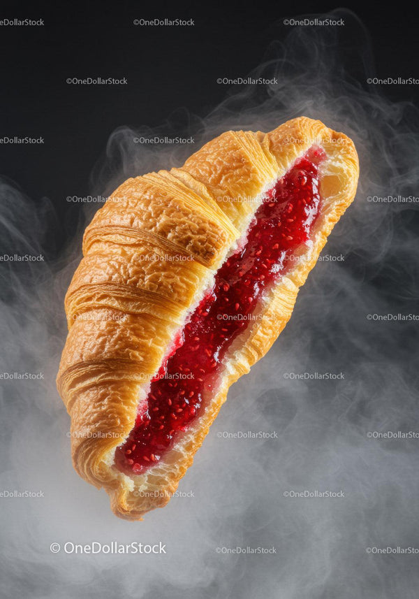 Golden croissant filled with fresh red raspberry jam