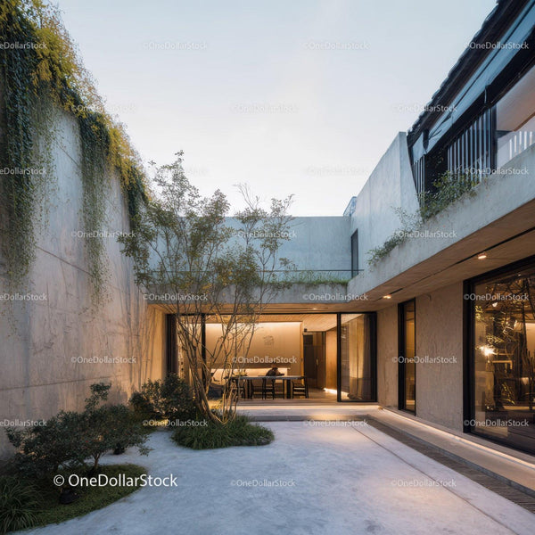 Modern minimalist villa with lush courtyard and sleek glass doors